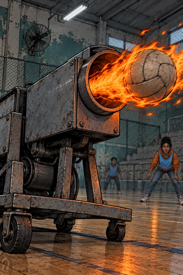 Máquina lançando uma bola em chamas