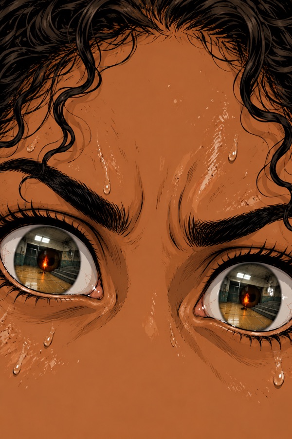 Close dos olhos da protagonista com reflexo de fogo